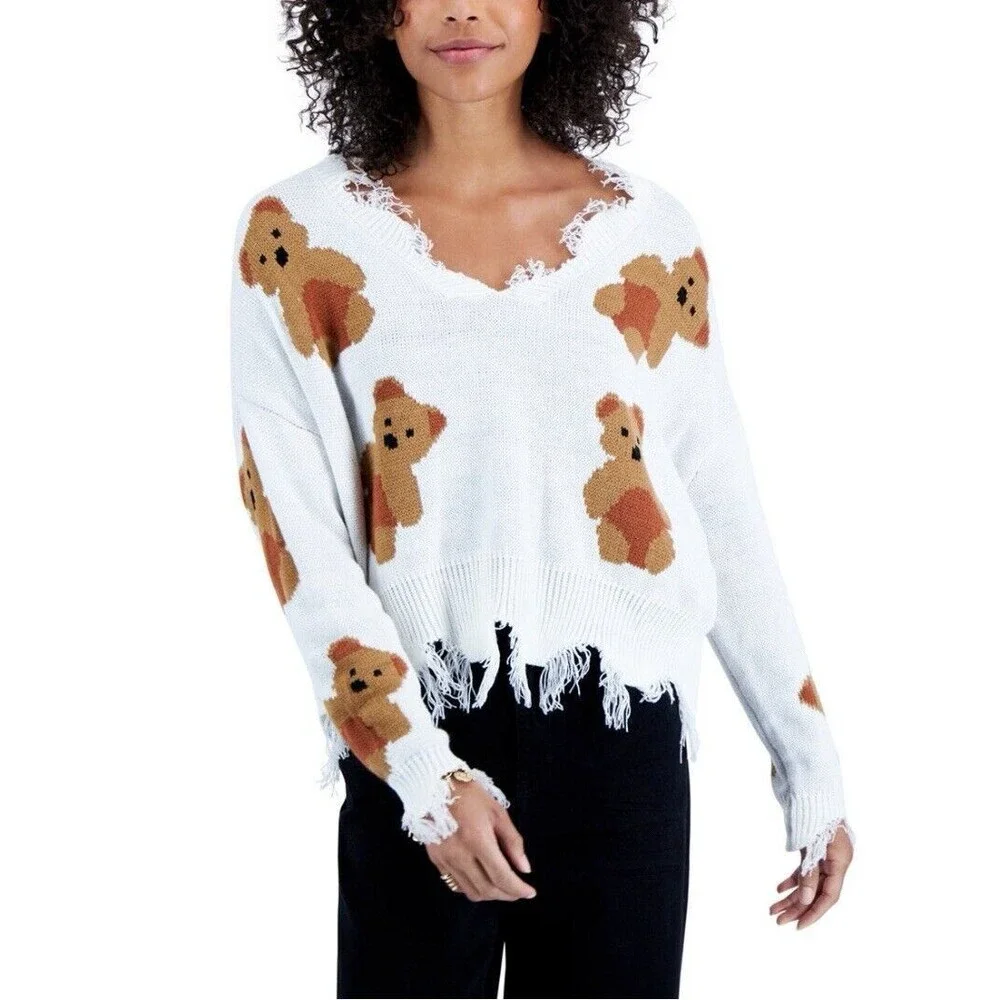 Just Polly NY Teddy Bear Sweater Women's Medium V-Neck Fray Frilly Knit - Picture 10 of 14